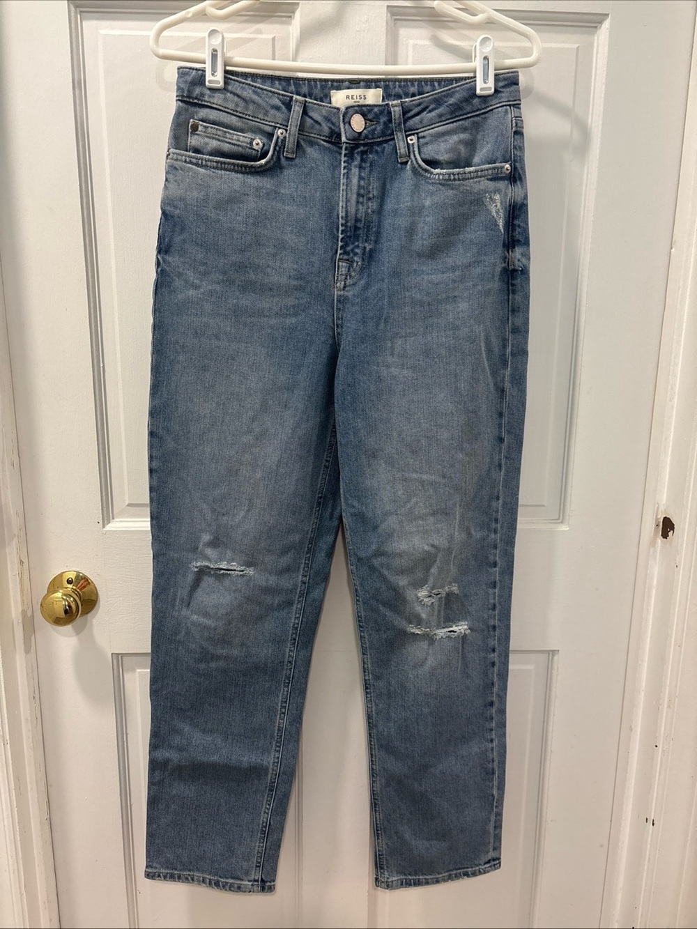 Reiss Women’s High Rise Bay Jeans Size 29 Medium Wash Slim Straight Distressed